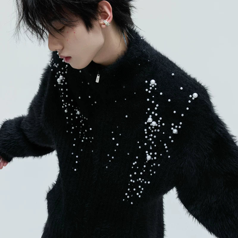 Plush High-Neck Pearl Embellished Cardigan