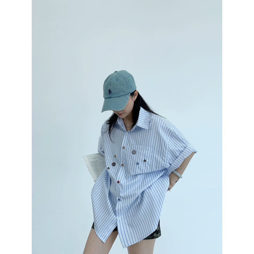 Striped Loose Multi-Button Short Sleeve Shirt