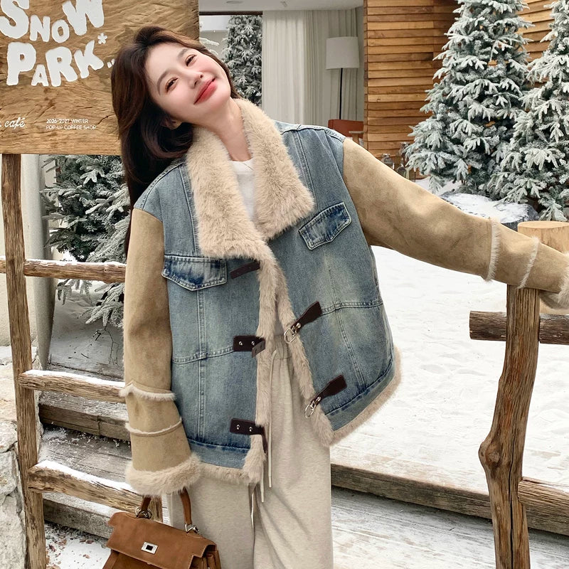 جاكيت مزين بقطع من الدنيم مبطن بالفرو الصناعي 