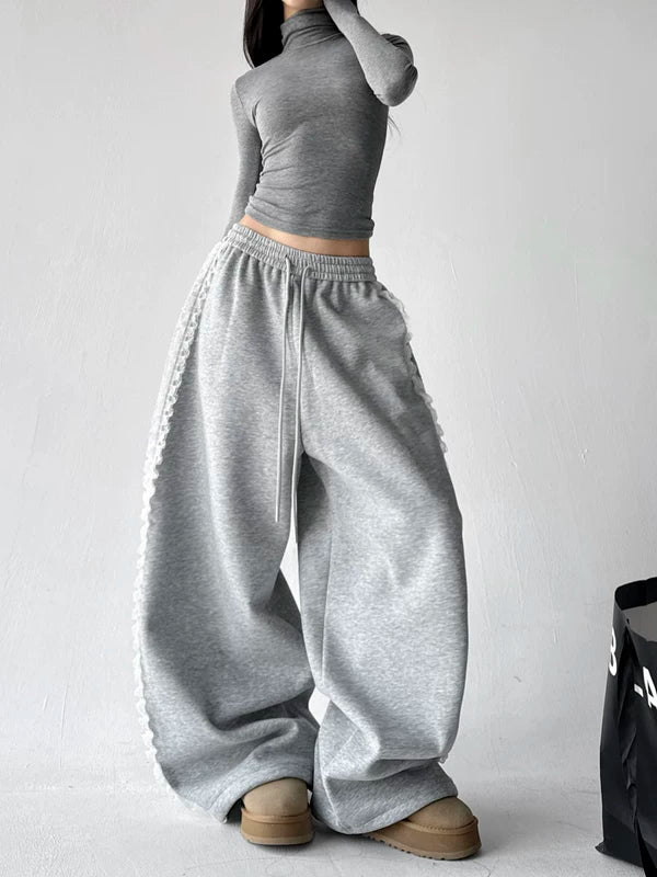 Kumaş Astarlı Geniş Paça Dantel Eşofman Altı 