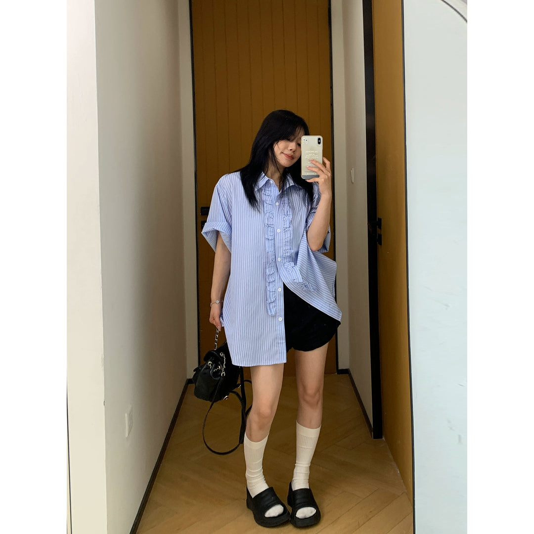 Vertical Striped Lace Short Sleeve Shirt