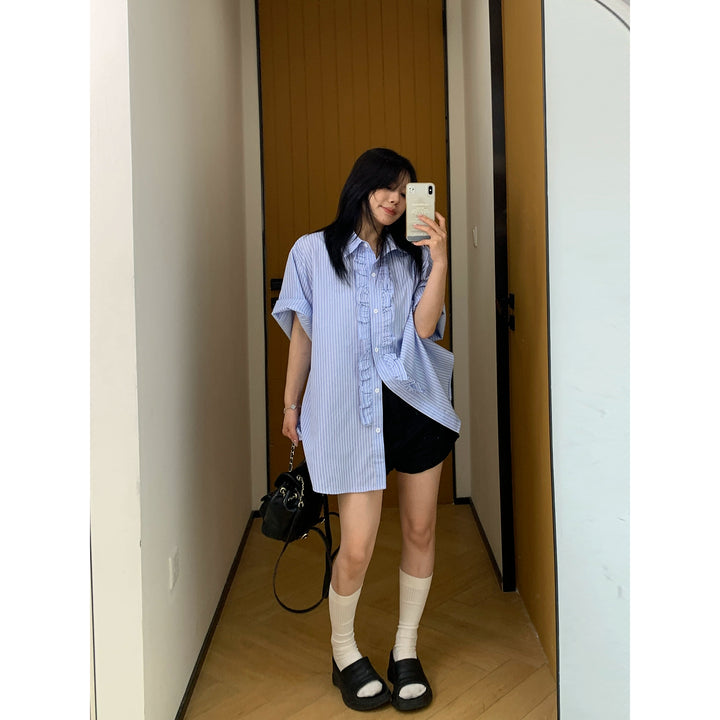 Vertical Striped Lace Short Sleeve Shirt