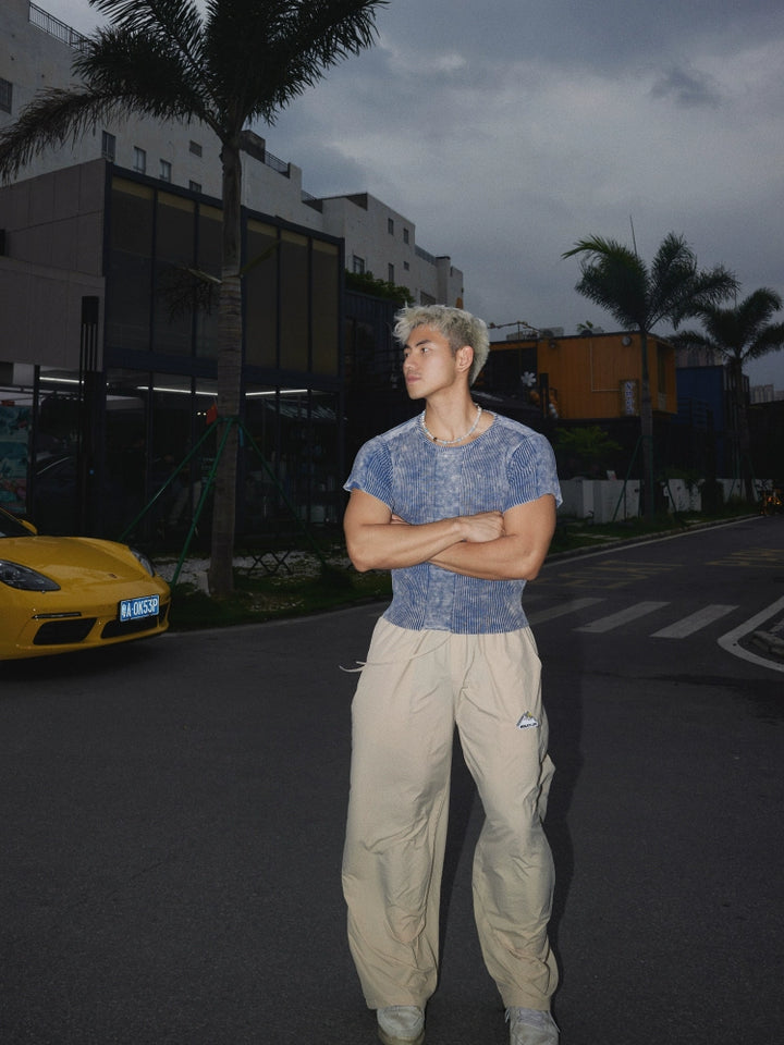 Pruhovaný pletený slim fit top s krátkým rukávem 
