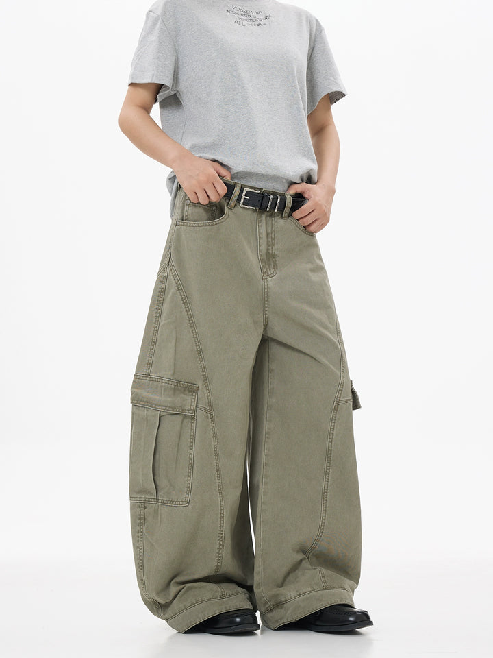 Distressed Multi-Pocket Wide-Leg Cargo Pants