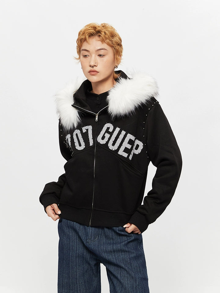 Fur Collar Hooded Letter Print Jacket