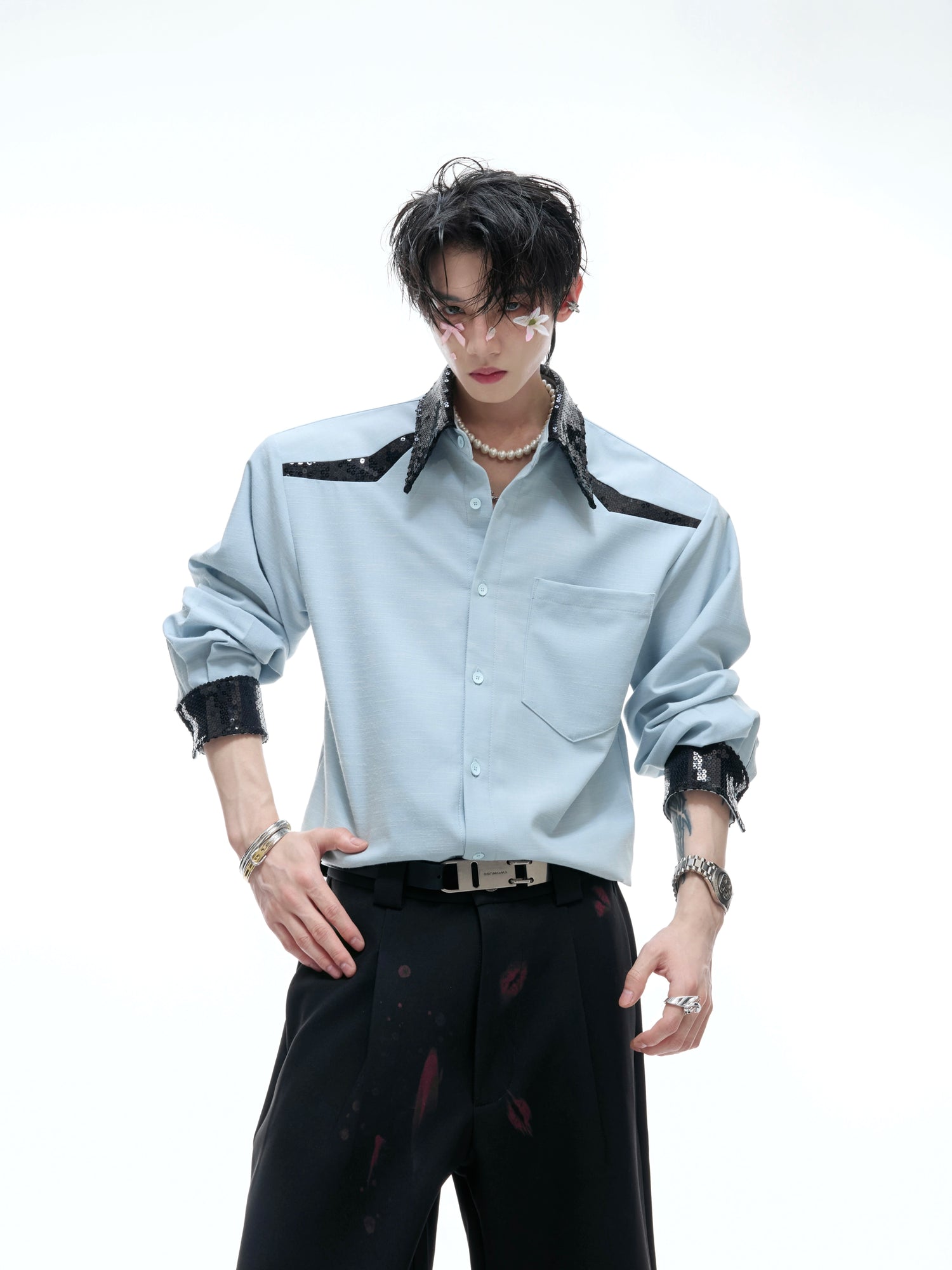 Sıralı Kontrast Dikiş Drape Yaka Gömlek 