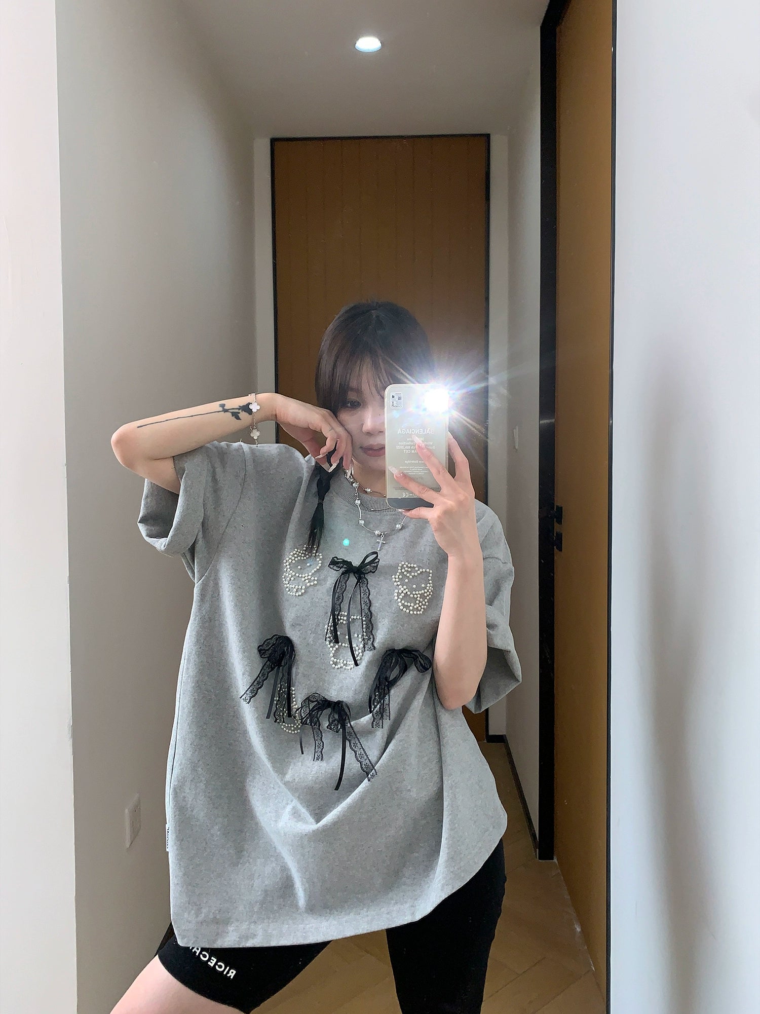 Lace Bow Beaded Loose Fit T-shirt