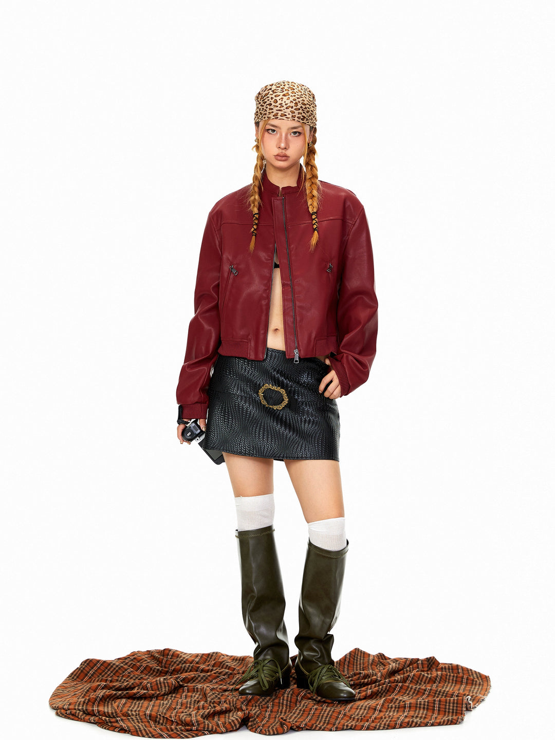Stand Collar Leather Short Jacket