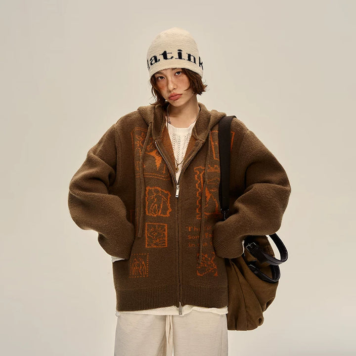 Cárdigan de punto con capucha y cremallera retro 