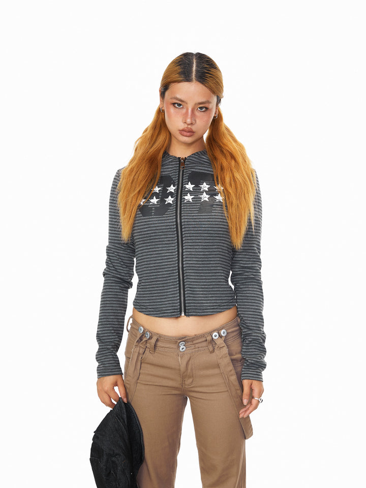 Striped Star Print Hooded Zip Sweatshirt
