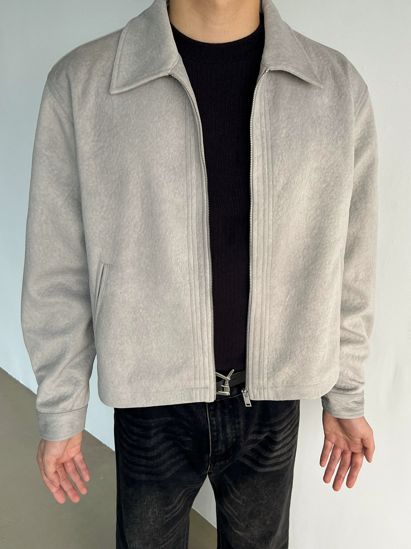 Süet Kutu Kesim Yaka Fermuarlı Pilot Ceket 