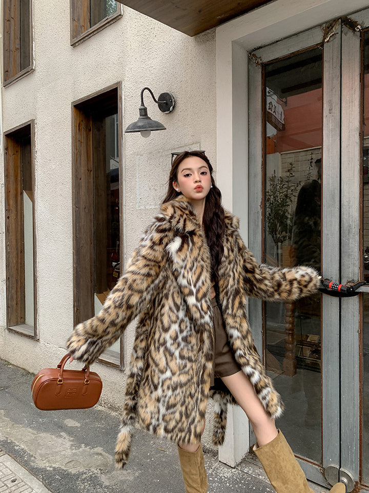 Leopard Print Long Fur Lace-Up Coat