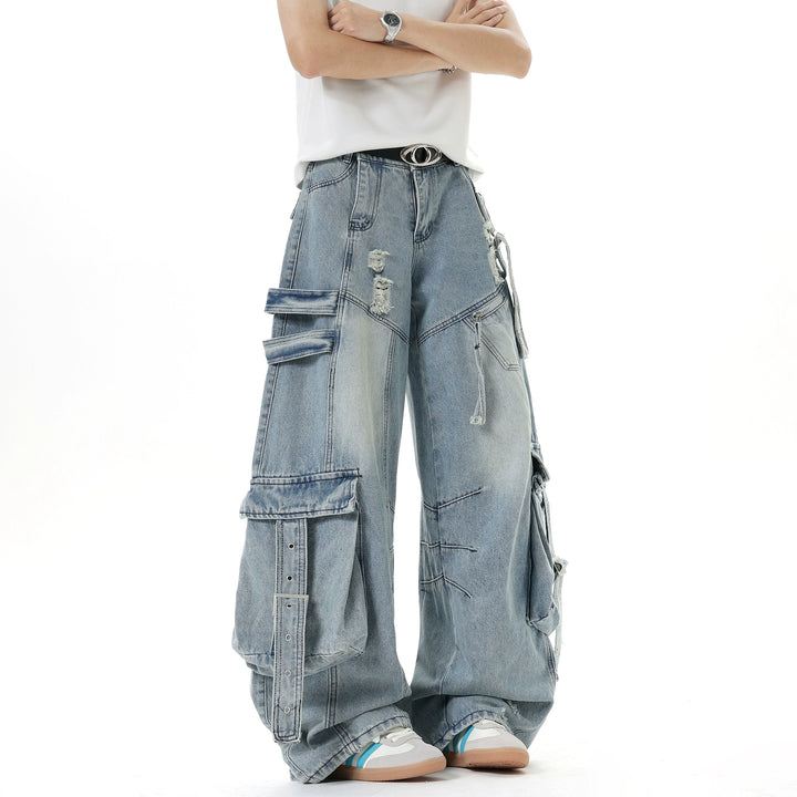 Spodnie dżinsowe cargo z szerokimi nogawkami i wieloma kieszeniami 