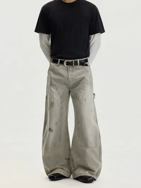 Pantaloni da lavoro a gamba larga vintage e strappati 