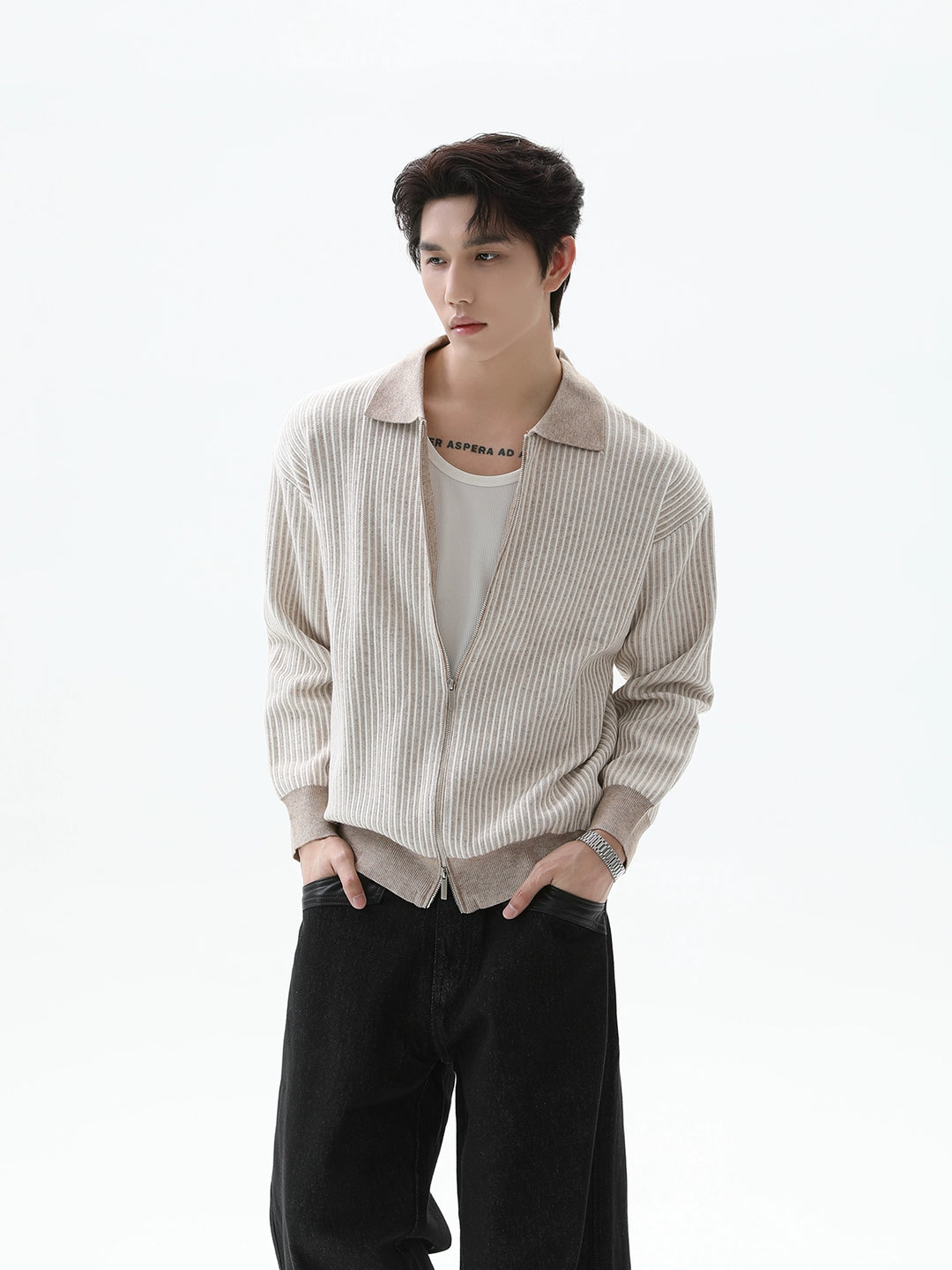 Full-zip Striped Knit Cardigan
