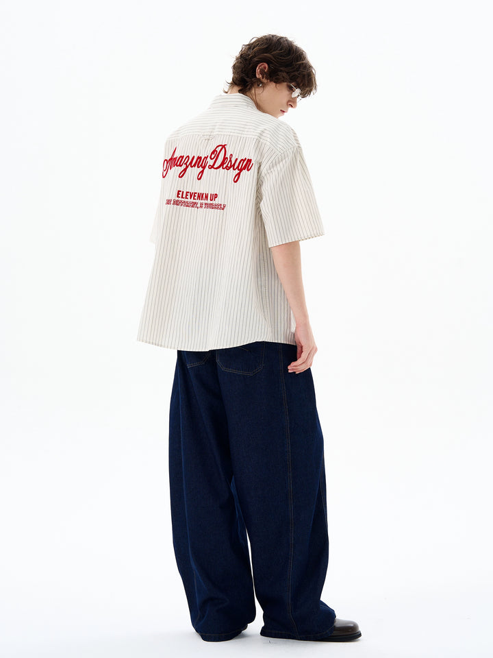 Striped Short Sleeve Embroidered Shirt