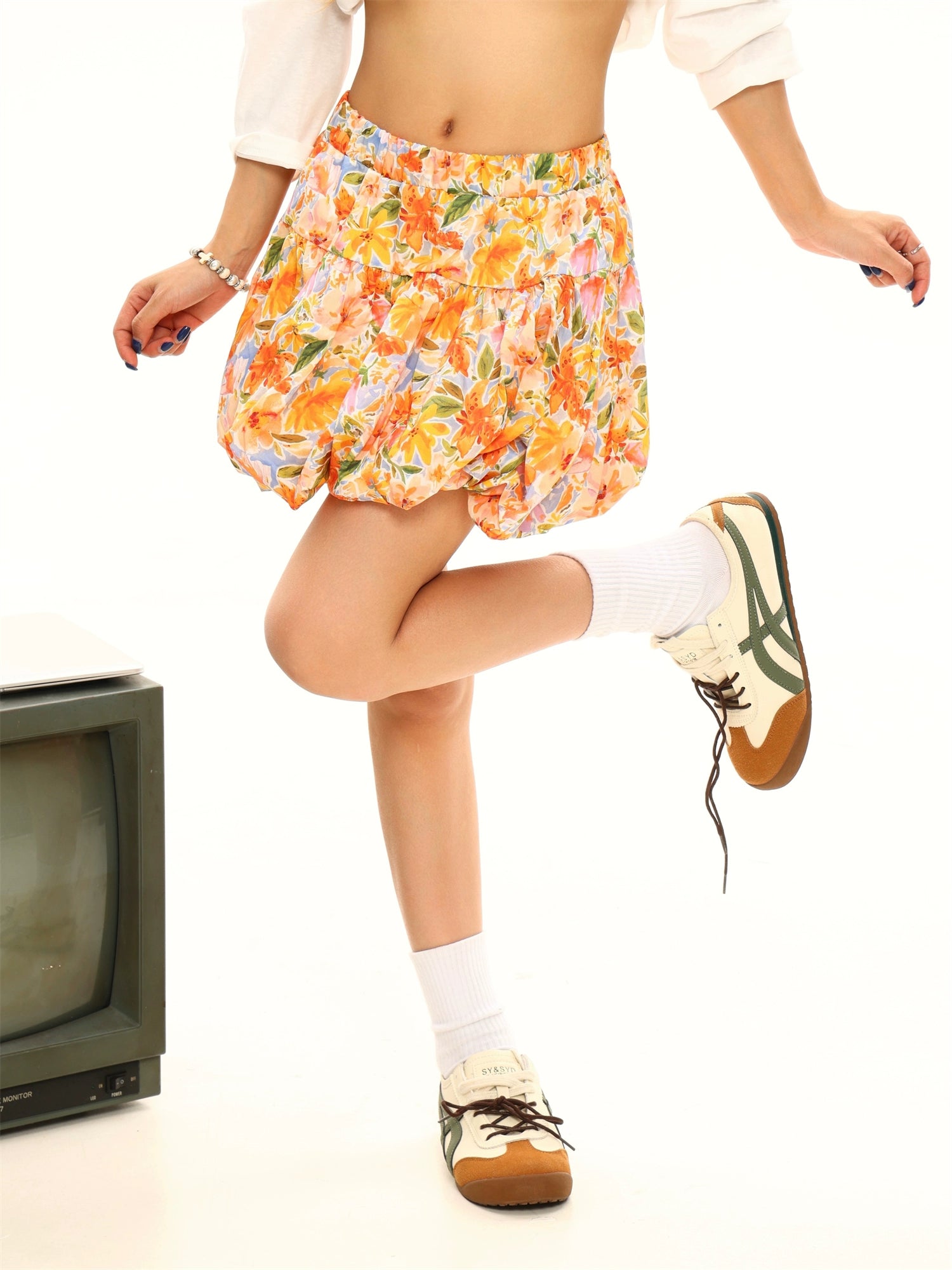 Blumiges Retro Weites Knopfkurzrock 