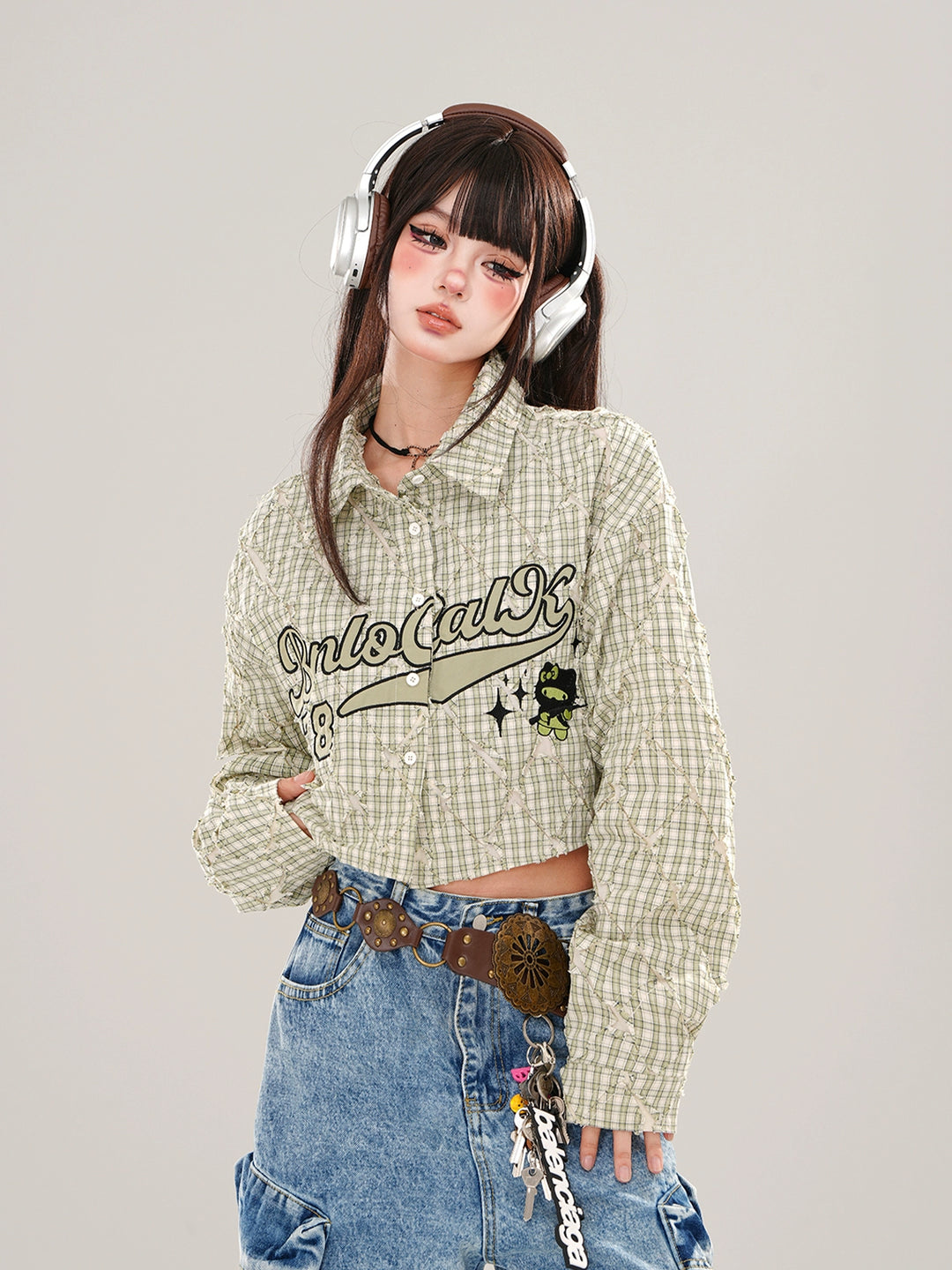 Plaid Cropped Embroidered Button-Up Shirt