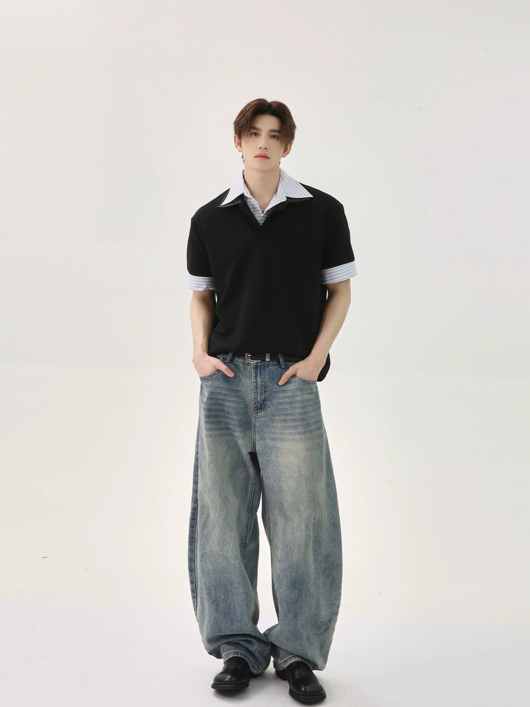 Chemise polo pull ample à rayures patchwork 
