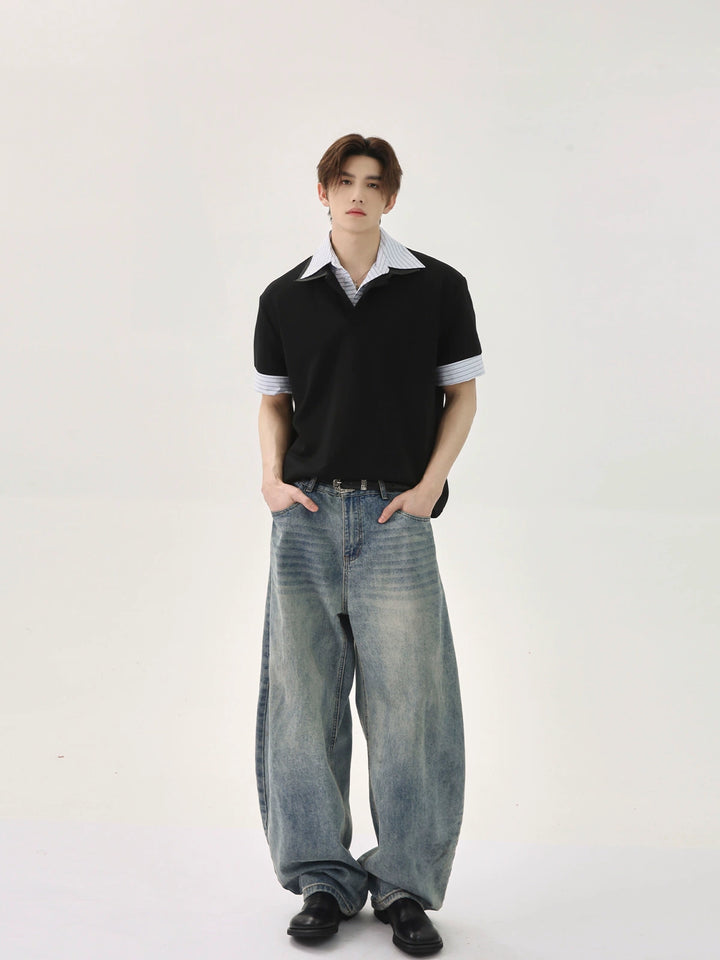 Chemise polo pull ample à rayures patchwork 