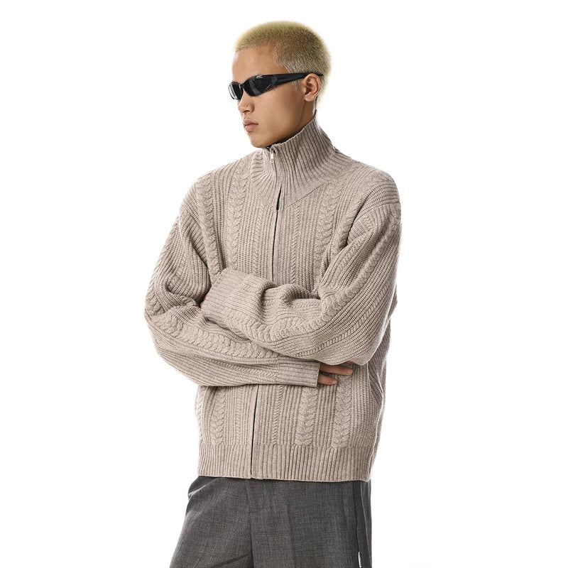 니트 지퍼업 텍스처드 가디건 스웨터 