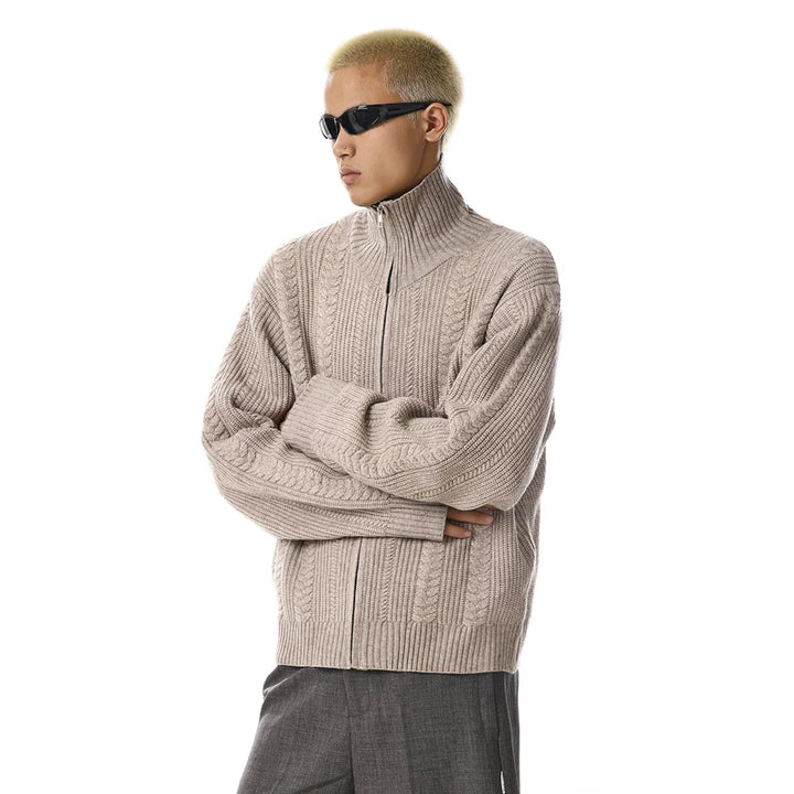 니트 지퍼업 텍스처드 가디건 스웨터 