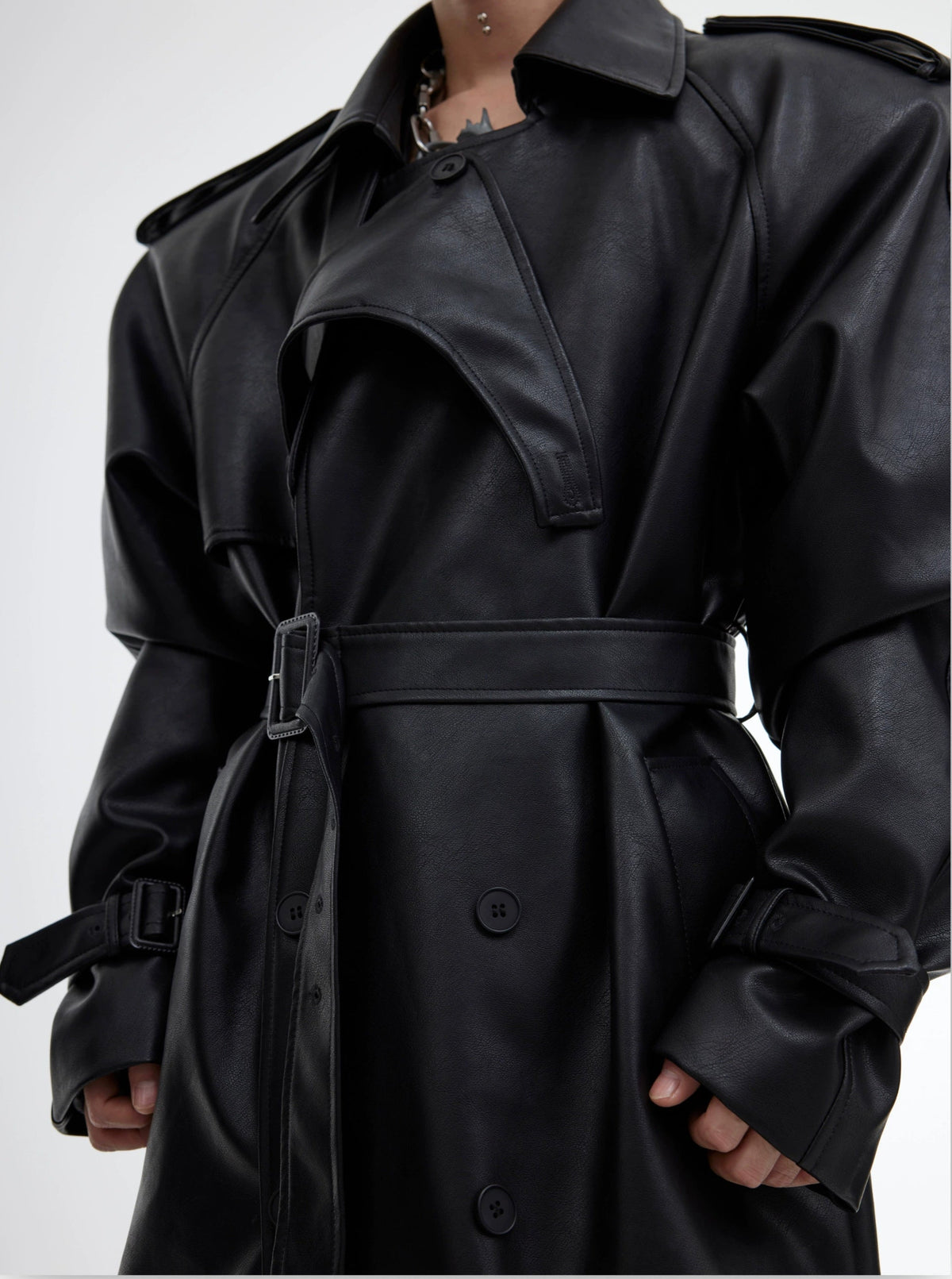 Deconstructed Split PU Leather Long Coat