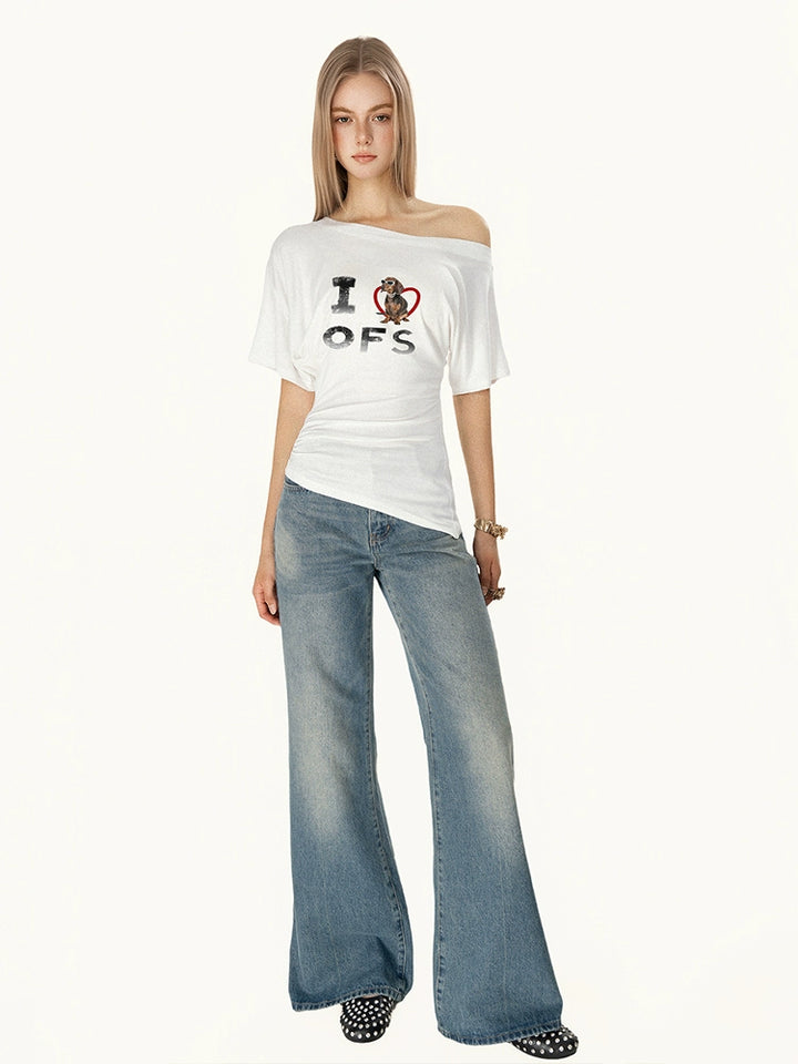 T-shirt imprimé de chien saucisse à épaule oblique 