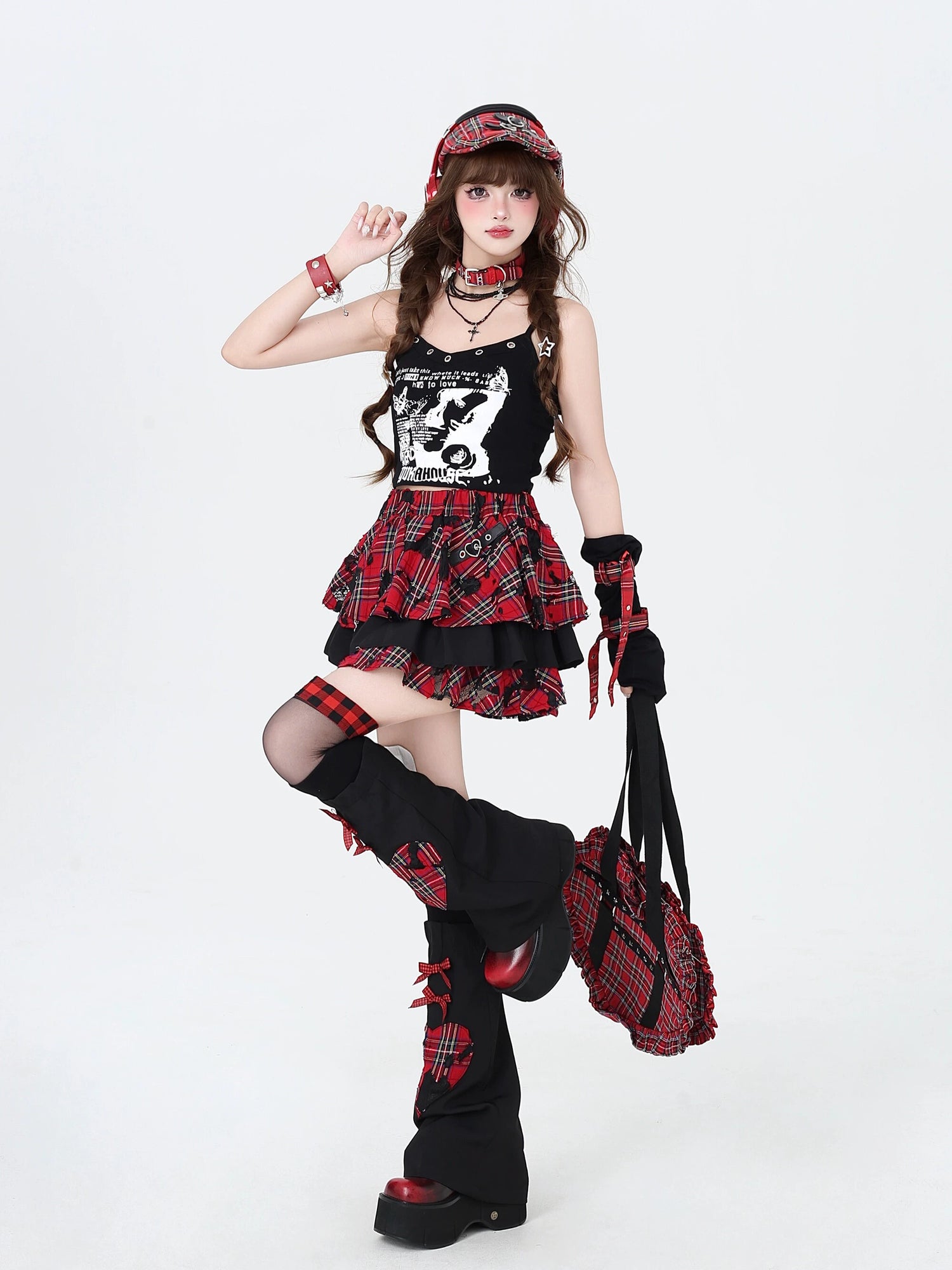 Punk Plaid Layered Ruffle Cake Skirt