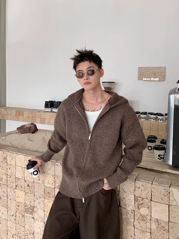 編み物ジップフードカーディガンセーター 