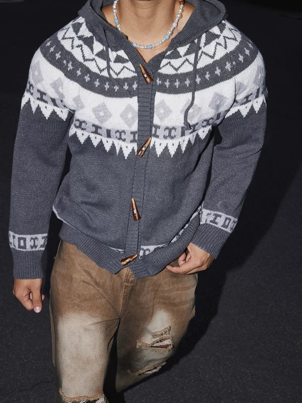 Fair Isle Hooded Horn Button Cardigan