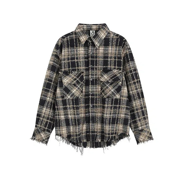Raw Edge Long-Sleeve Plaid Shirt