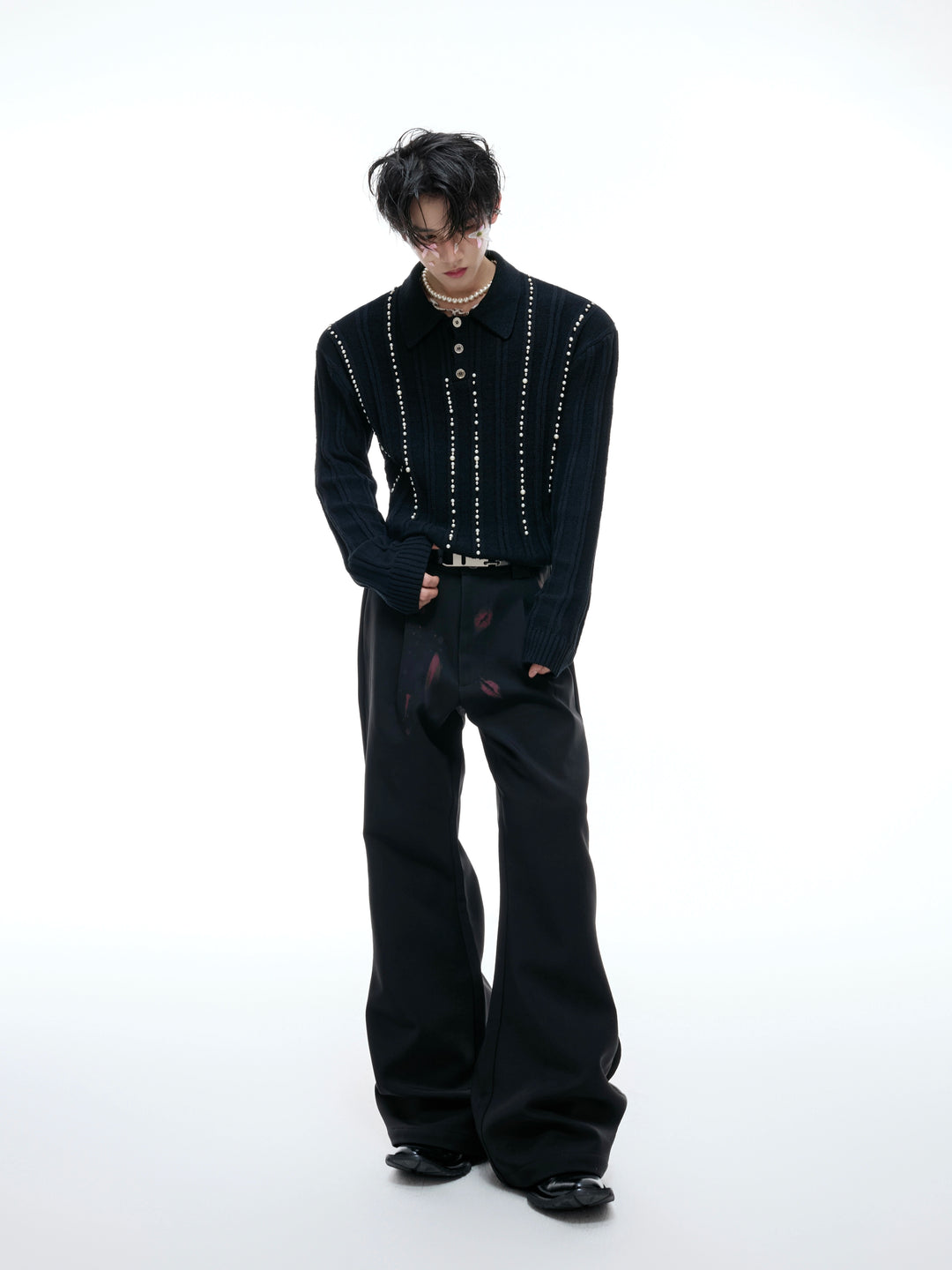 Pearl Embellished Knitted Polo Shirt