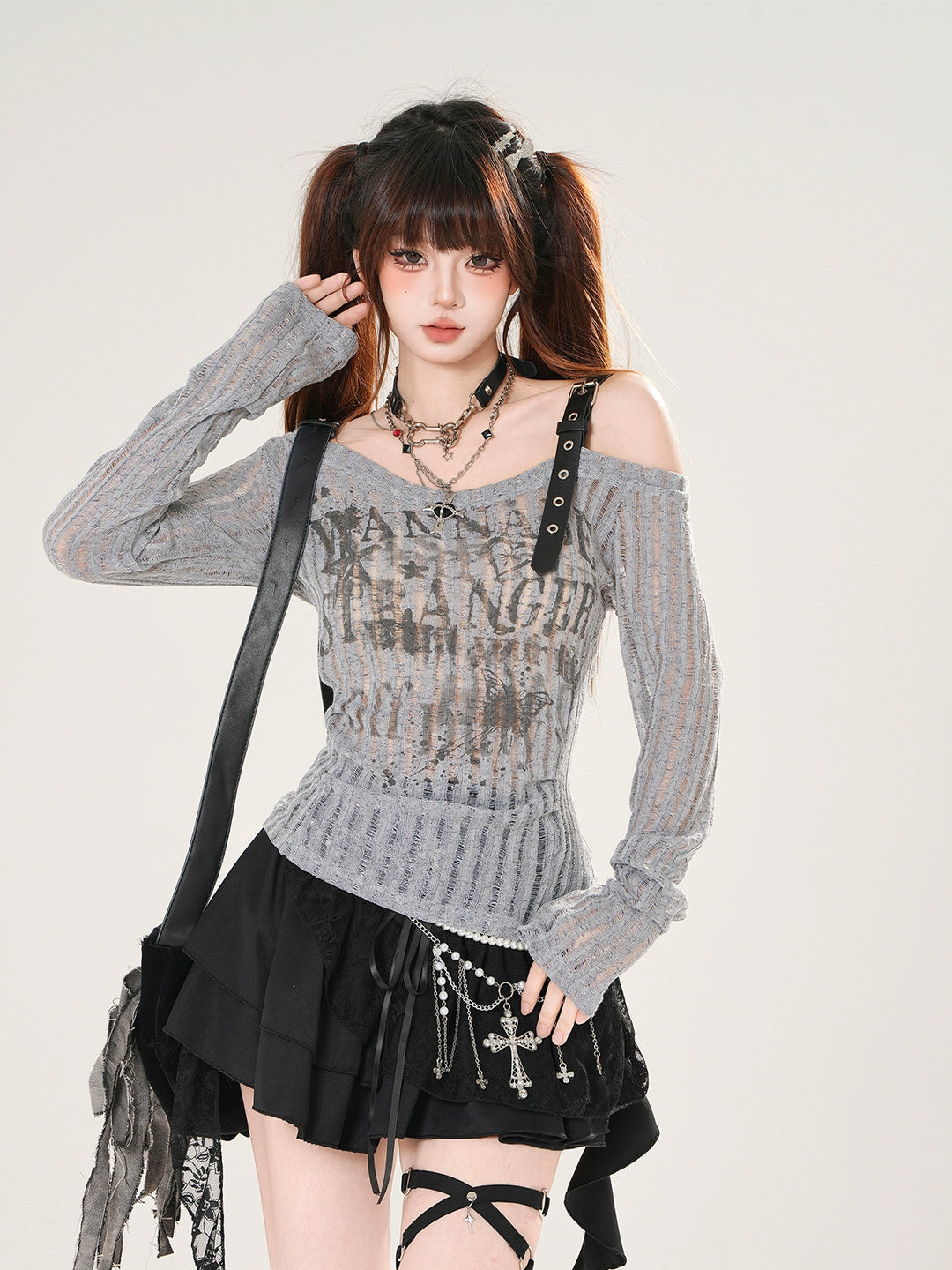 Off-Shoulder Ribbet Langermet Turtleneck 