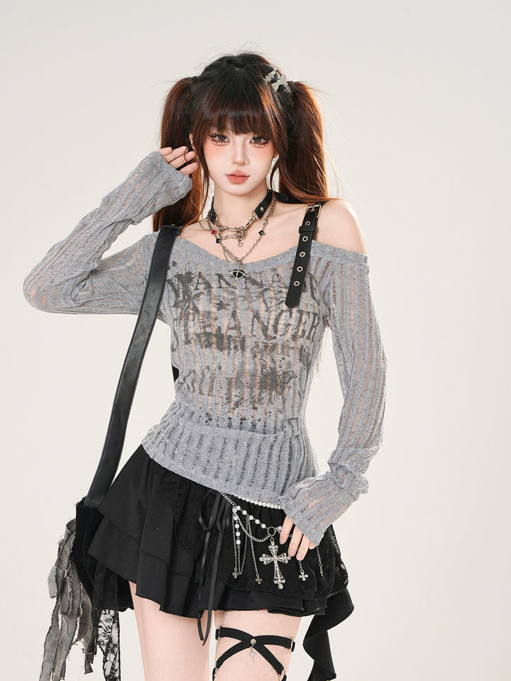 Off-Shoulder Ribbet Langermet Turtleneck 