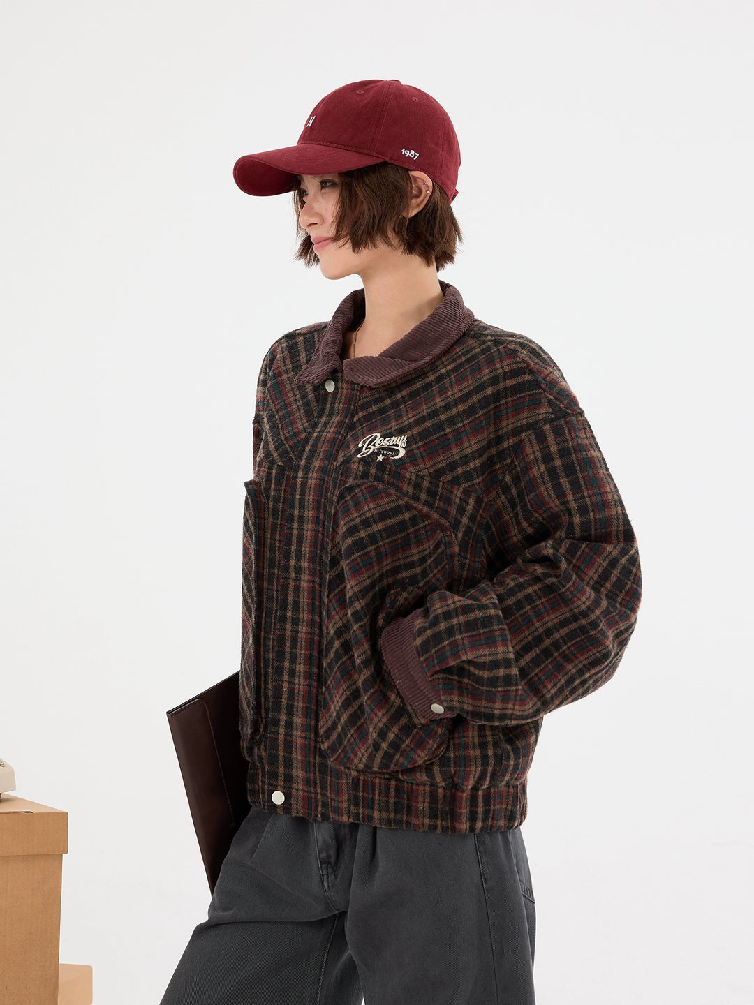 Plaid Wool Work Jacket with Corduroy Collar
