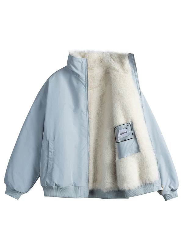 Winter Faux Fur Lined Stand Collar Jacket