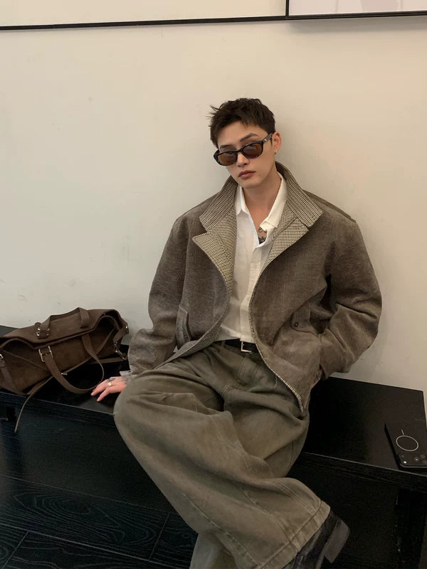 Chaqueta Harrington de patchwork de chenilla con diseño de espiga 