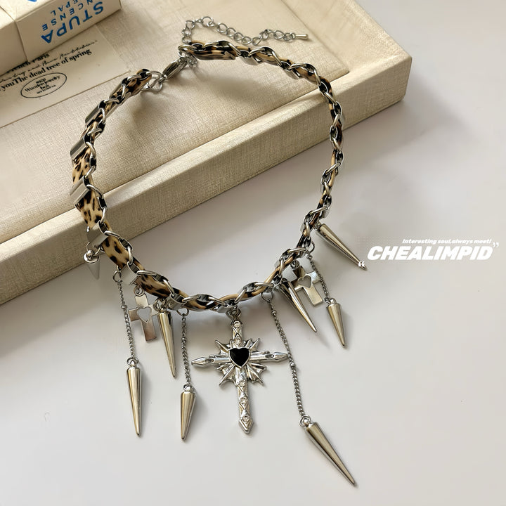 Leopard Print Rivet Cross Choker