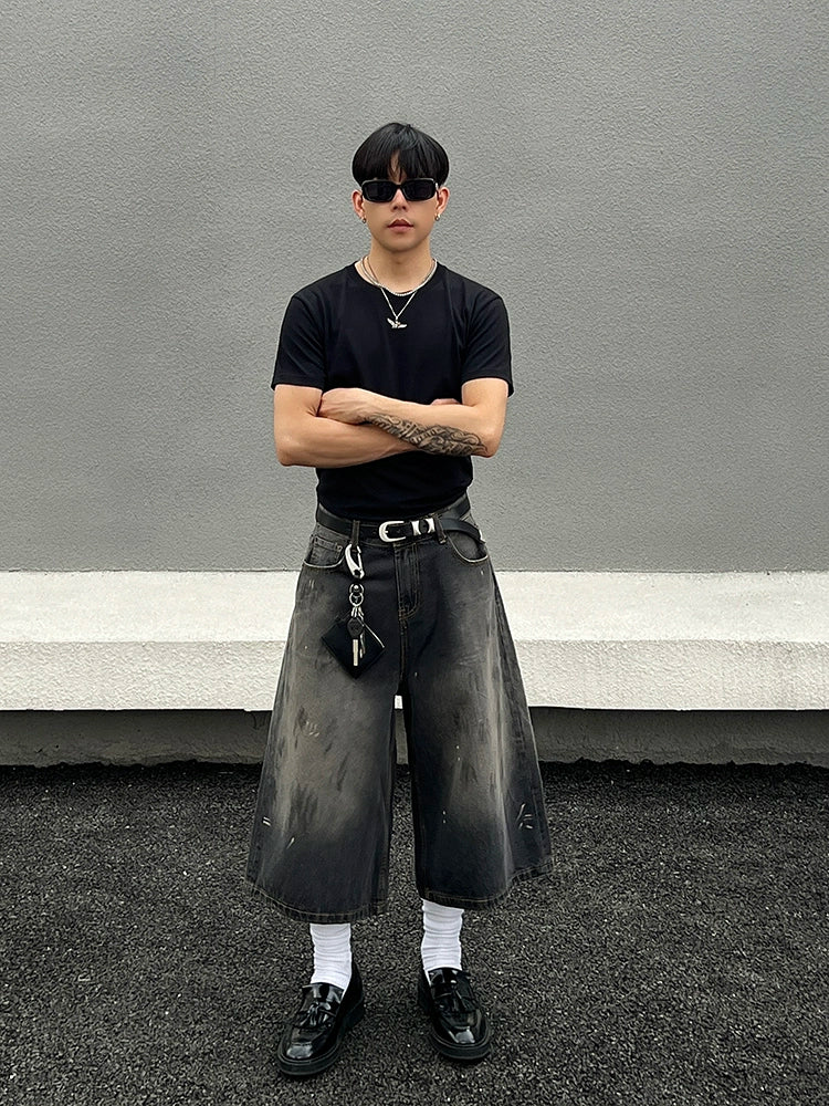 Vintage Washed Wide-Leg Denim Shorts