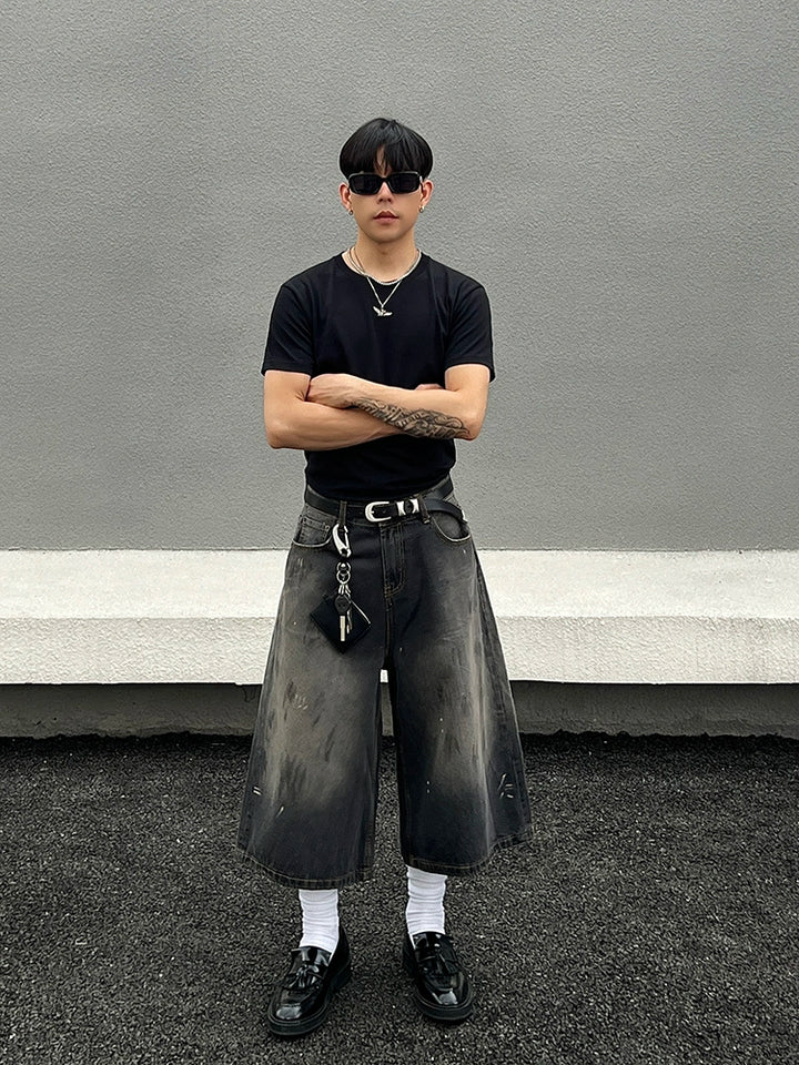 Vintage Washed Wide-Leg Denim Shorts
