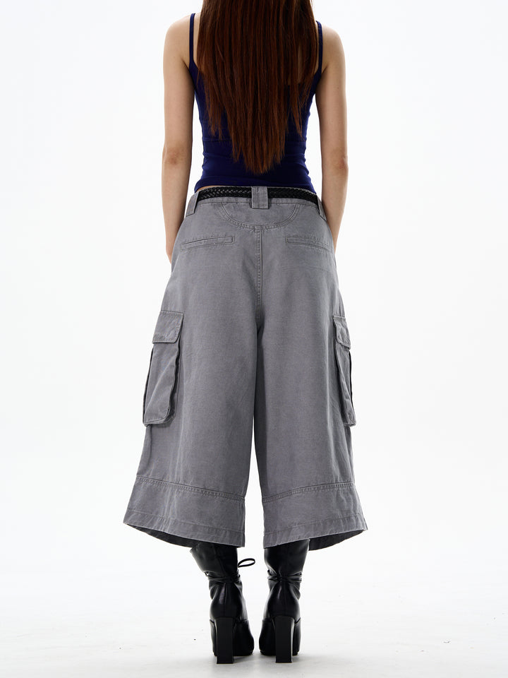 Multi-pocket Wide-leg Cropped Pants
