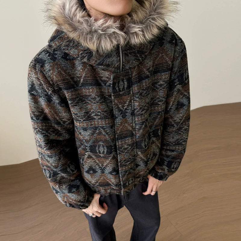 Retro patroon bontkraag capuchonjack 
