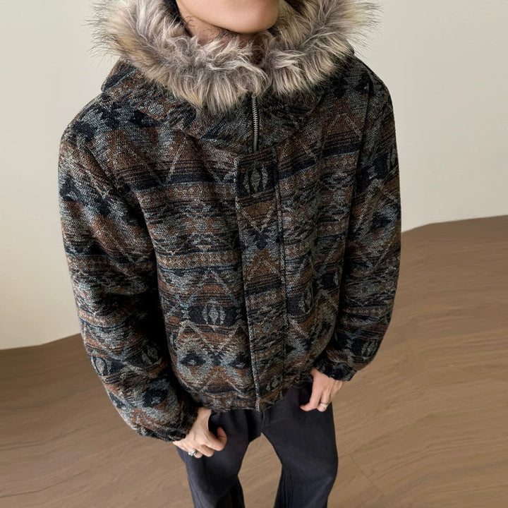 Retro patroon bontkraag capuchonjack 