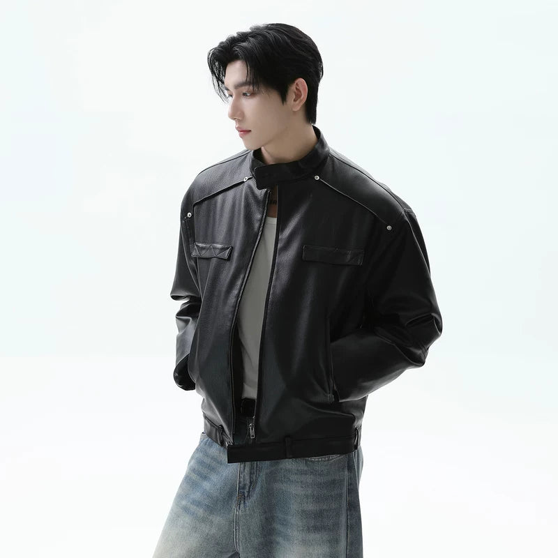 Down Filled Stand Collar Leather Jacket