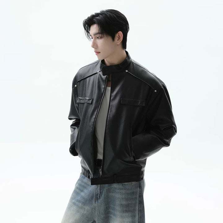 Down Filled Stand Collar Leather Jacket