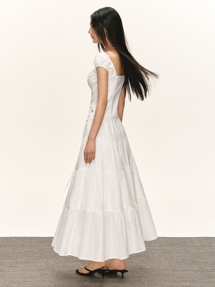 Retro Eyelet Long Skirt with Drawstring