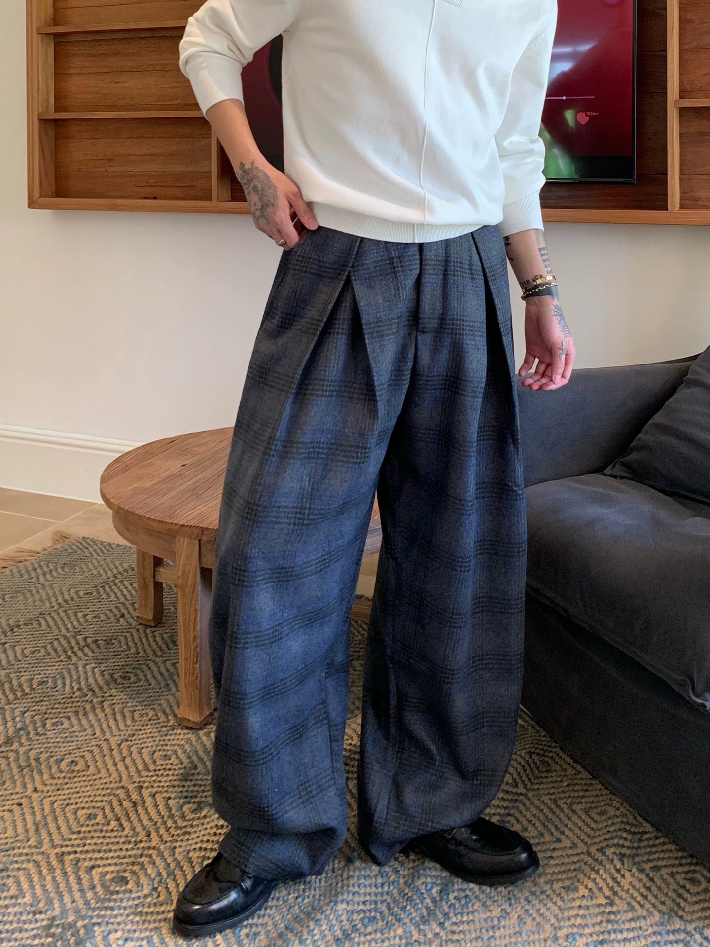 Ekose Plise Rahat Kesim Günlük Pantolon 