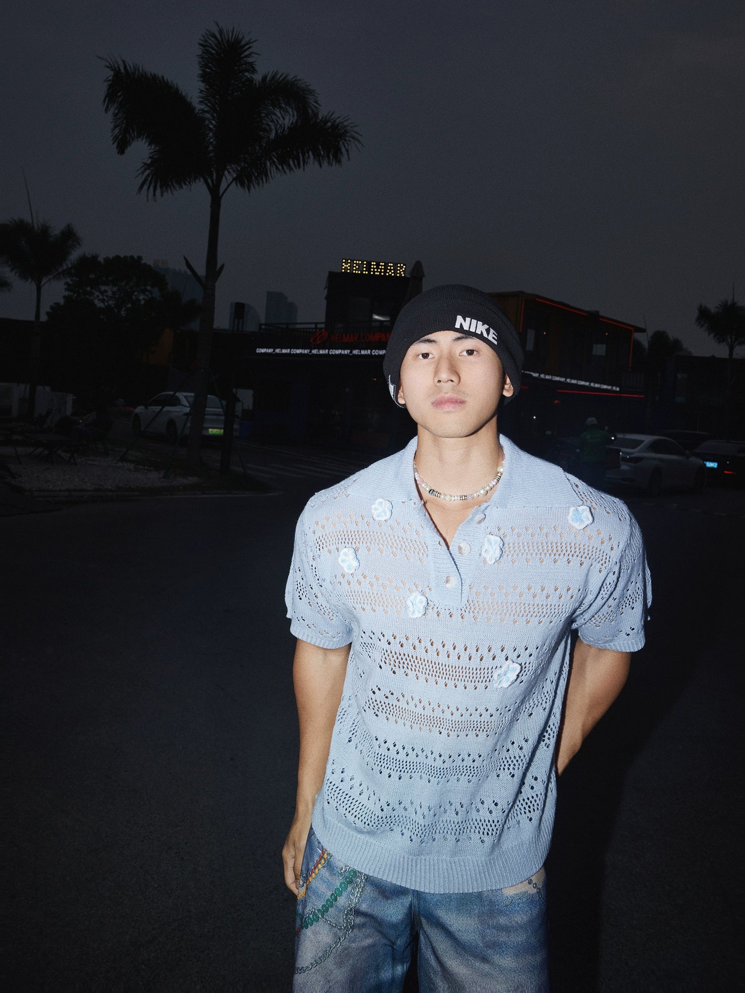 Blumenstrick-Polo kurzärmeliger Pullover 