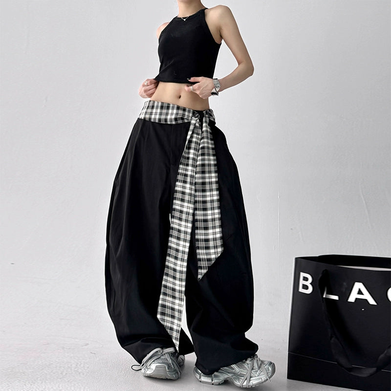 Wide Leg Plaid Belt Casual Pants